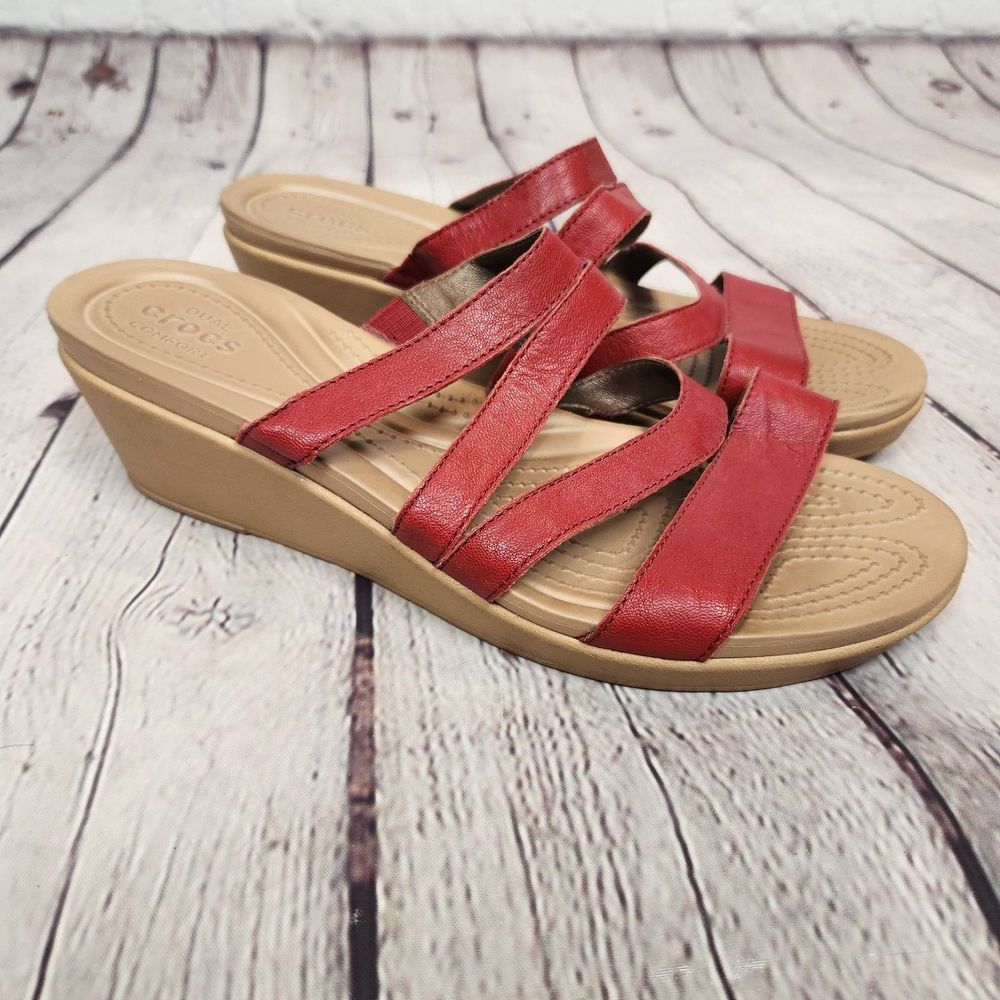 Crocs Red Strappy Leather "LeighAnn" Mini Wedge Sandals Size 9